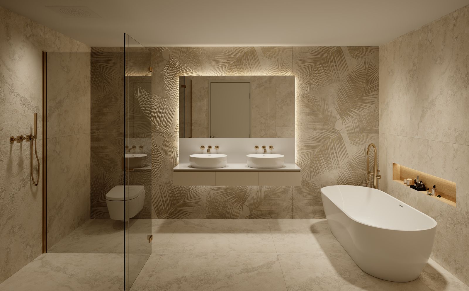 Main bathroom with palm-relief stone walls and freestanding tub, render