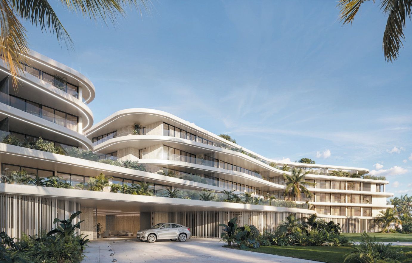 Entrance porte-cochere with layered curved balconies, render