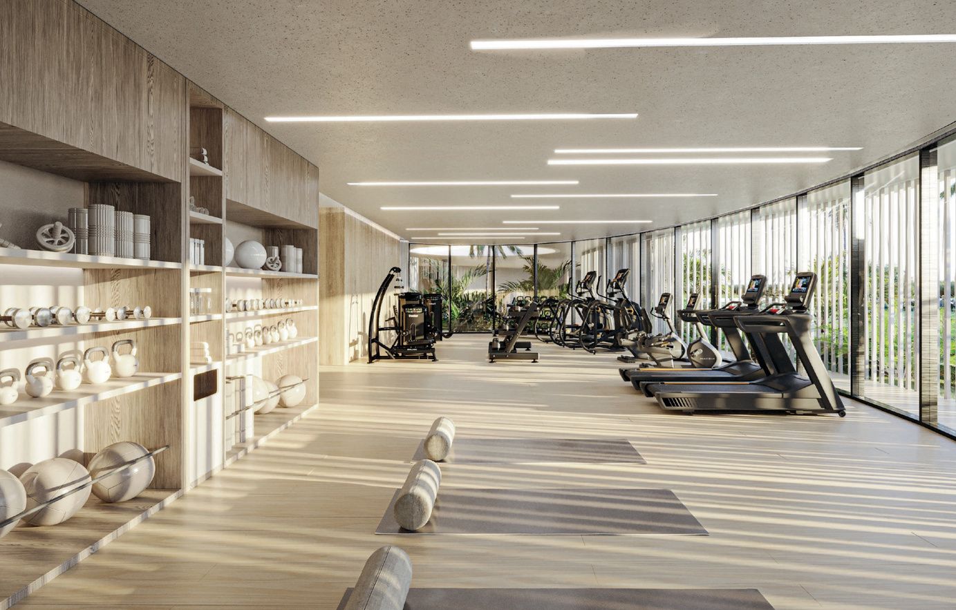 Residents' gym along the glass facade, render