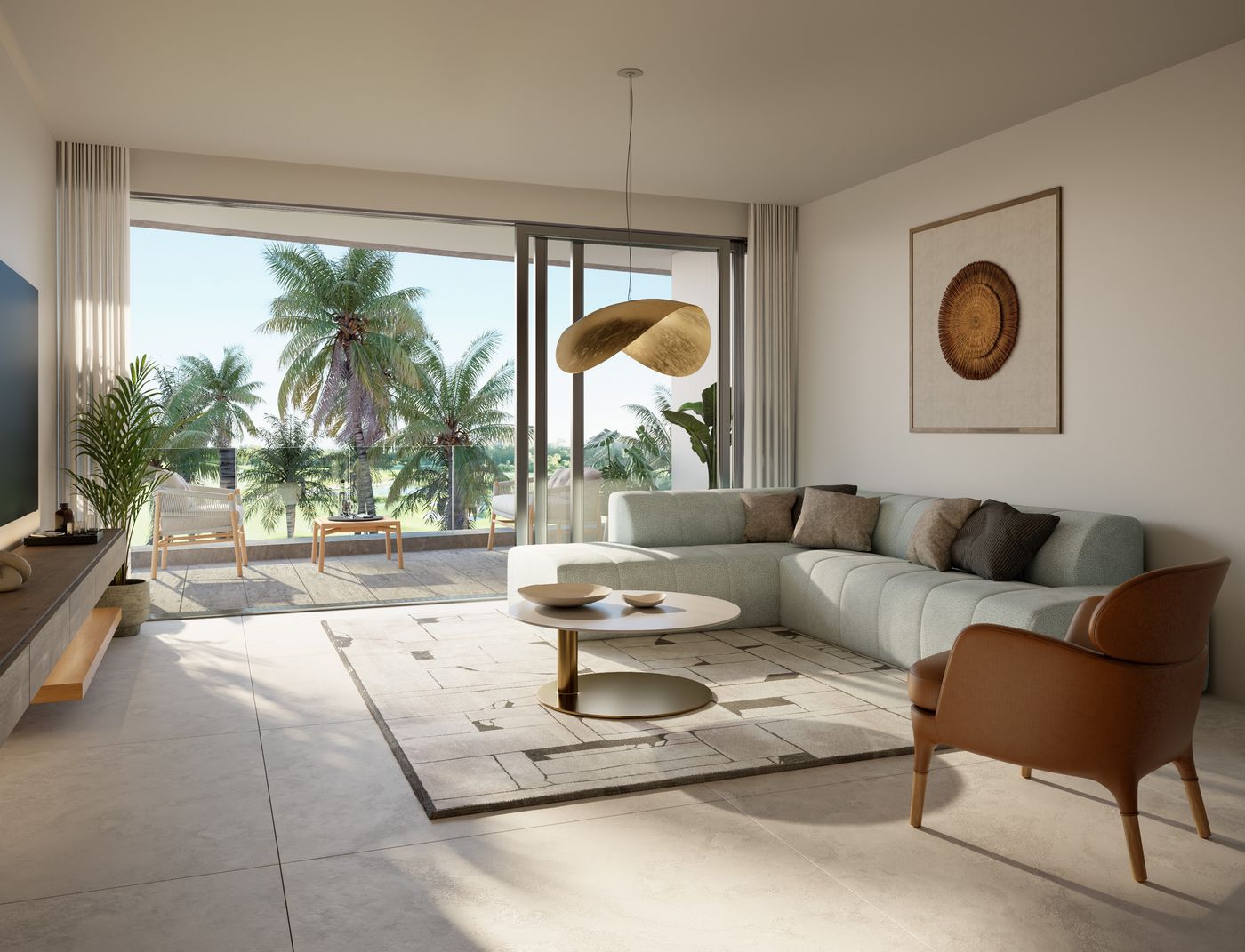 Living room opening to golf-view terrace, render